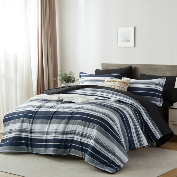 Davulos Full Comforter Set Striped Bedding Set 7 Piece Bed in a Bag Soft Microfiber Comforter and Sheet Set White Grey Blue Patchwork Striped Bed Set for All Season