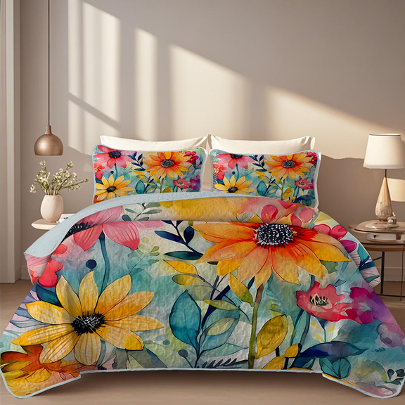 Davulos Full/Queen Quilt Set 3 Pieces Lightweight Floral Bedspread 90''x96'' ,Soft Microfiber Summer Quilt/Coverlet Warm Bedding Sets for All Seasons(1 Quilt, 2 Pillow Shams)