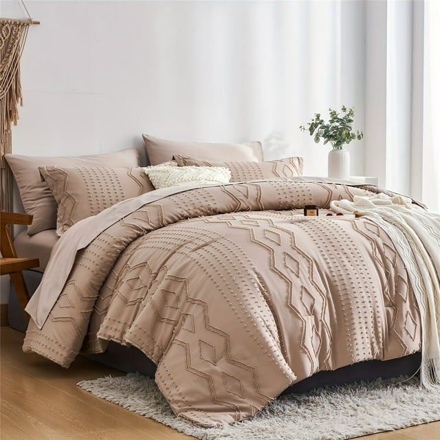 Davulos Full Size Comforter Set Khaki,7 Pieces Chic Bedding Sets Soft Bed in a Bag for All Seasons