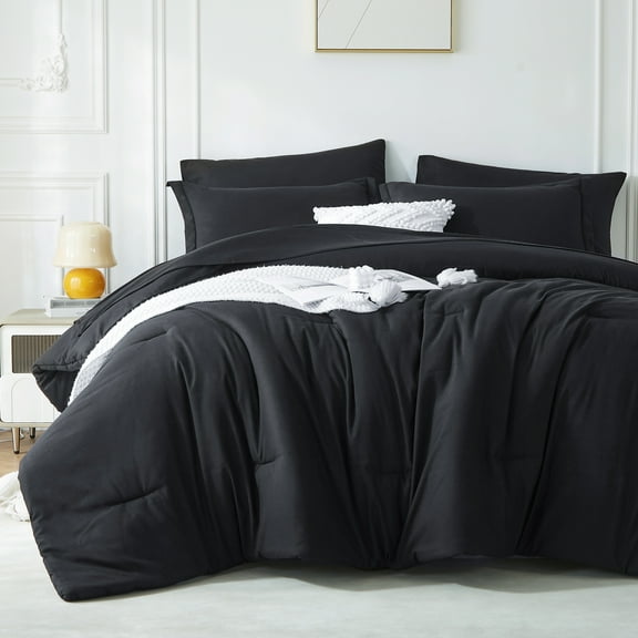 Davulos Full Size Comforter Sets Black 7 Pieces Bed in a Bag Full Beddding Comforter Sets, Solid Lightweight Bed Set with Comforter, Sheets, Pillowcases & Shams