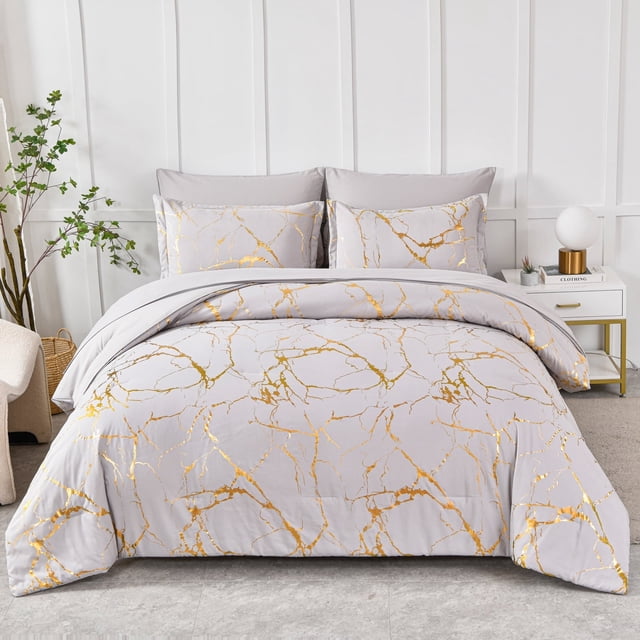 Davulos Gold Metallic Marble Comforter Set Queen Size,7 Piece Bed in a Bag,Foil Print Glitter Grey Comforter and Sheet Set,All Season Soft Microfiber Complete Bedding Sets