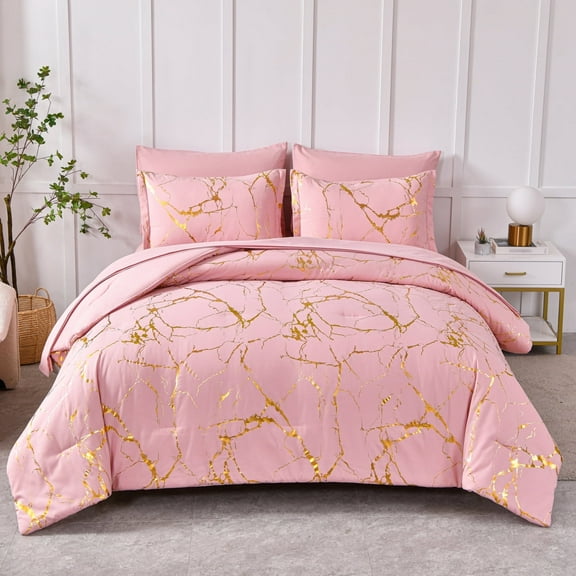 Davulos Gold Metallic Marble Comforter Set Queen Size,7 Piece Bed in a Bag,Foil Print Glitter Pink Comforter and Sheet Set for All Season
