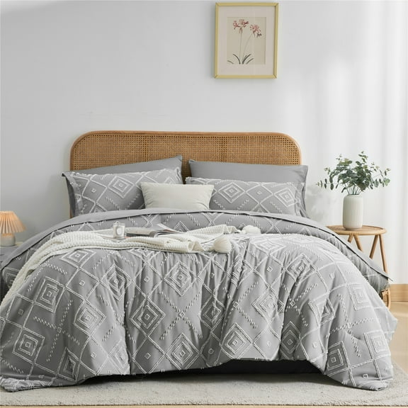 Davulos Gray Tufted Queen Comforter Set 7 Piece Bed in a Bag, Shabby Chic Boho Comforter and Sheet Set, Soft Microfiber Complete Bedding Set for All Season(Gray, Queen)