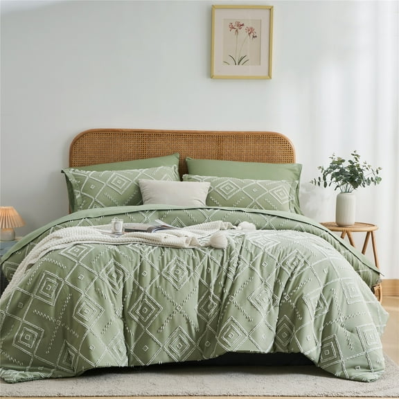 Davulos Green Tufted King Size Comforter Set 7 Piece Bed in a Bag, Shabby Chic Boho Comforter and Sheet Set, Soft Microfiber Complete Bedding Set for All Season(Green , King)
