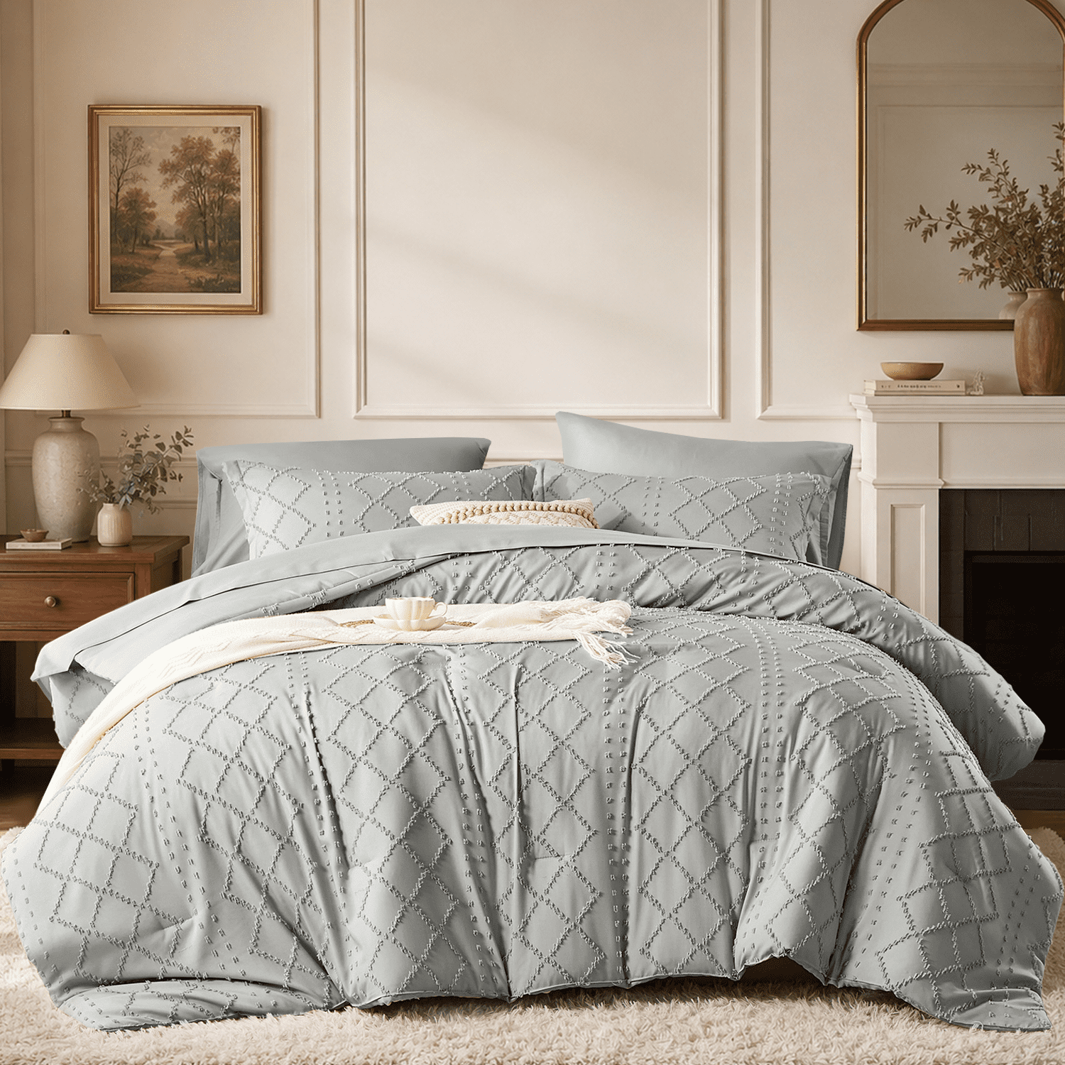 Davulos Grey Queen Size Comforter Sets, Bed in a Bag 7 Pieces Boho ...