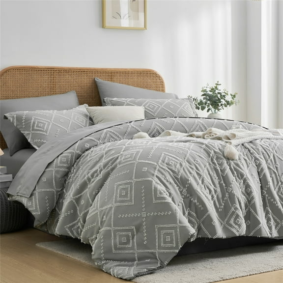 Davulos Grey Tufted King Size Comforter Set 7 Piece Bed in a Bag, Shabby Chic Boho Comforter and Sheet Set, Soft Microfiber Complete Bedding Set for All Season(Grey , King)