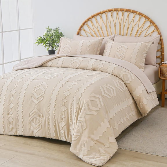 Davulos Khaki Comforter Set King Size 7 Piece Boho Bed in a Bag Shabby Chic Jacquard Comforter and Sheet Set Microfiber Complete Bedding Set(Khaki,King)