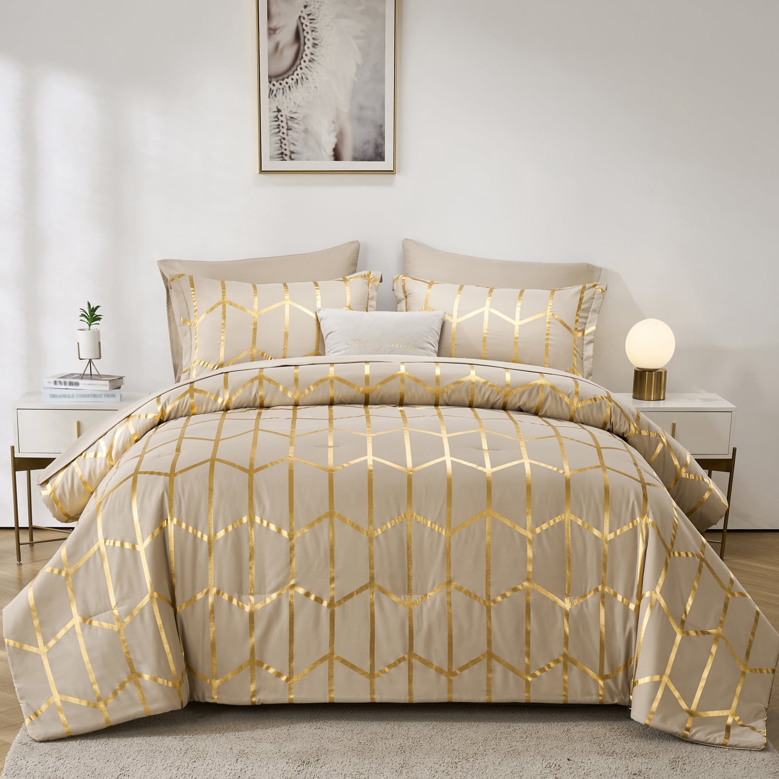 Davulos Khaki Queen Comforter Set 7 Pieces,Geometric Luxury Bed in a ...