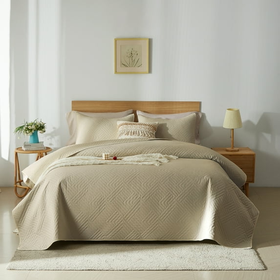Davulos Khaki Quilt Bedding Set,3 Pieces Soft Modern Geometric Coverlet Set,Thin Quilts for Queen Bed for All Seasons