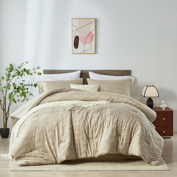 Davulos Khaki Tufted Comforter Set Queen Size 7 Piece Bed in a Bag Shabby Chic Boho Comforter and Sheet Set,All Season Soft Microfiber Geometric Bedding Sets