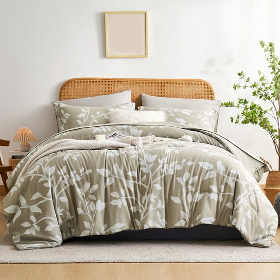 Davulos King Bed in Bag,7 Piece Khaki Bedding Comforter Set Floral Printed Complete Comforter Set for All Season with Comforter,Sheets,Pillowcases & Shams