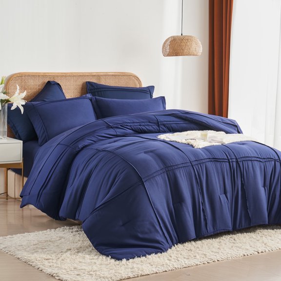 Davulos King Comforter Set 7 Piece Bed in a Bag ,Grid Pinch Pleat Comforter with Sheet Set ,Blue Bedding Set for All Season Lightweight Fluffy Bed Set