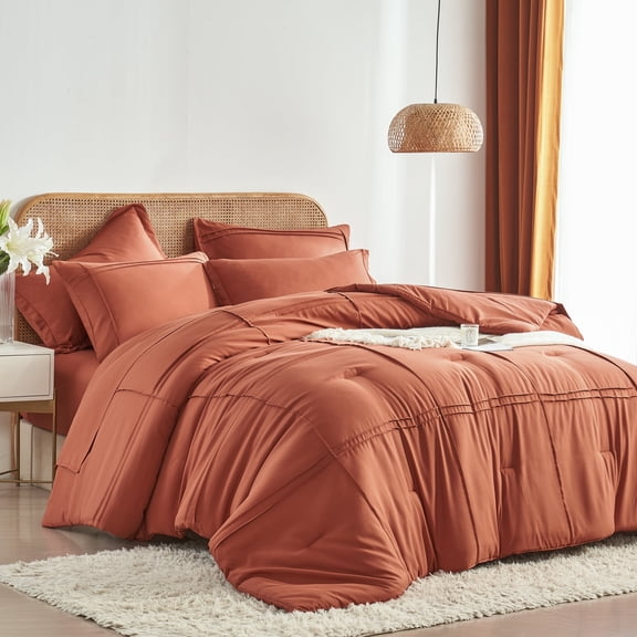 Davulos King Comforter Set 7 Piece Bed in a Bag ,Grid Pinch Pleat Comforter with Sheet Set ,Orange Bedding Set for All Season Lightweight Fluffy Bed Set