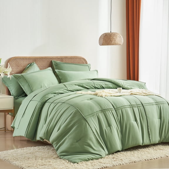 Davulos King Comforter Set 7 Piece Bed in a Bag ,Grid Pinch Pleat Comforter with Sheet Set ,Sage Green Bedding Set for All Season Lightweight Fluffy Bed Set