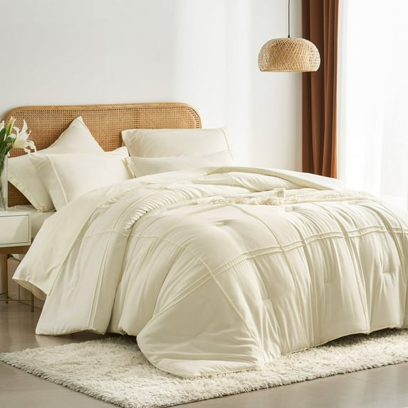 Davulos King Comforter Set 7 Piece Bed in a Bag ,Grid Pinch Pleat Comforter with Sheet Set ,White Bedding Set for All Season Lightweight Fluffy Bed Set