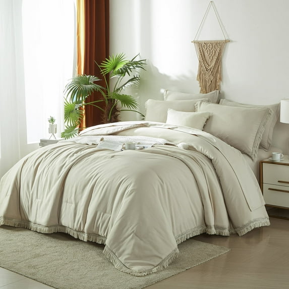 Davulos King Comforter Set - 7-Piece All Season Bed in a Bag King,Soft Bedding Set with Comforter, Flat Sheet, Fitted Sheet, Pillowcases, Pillow Shams,Beige