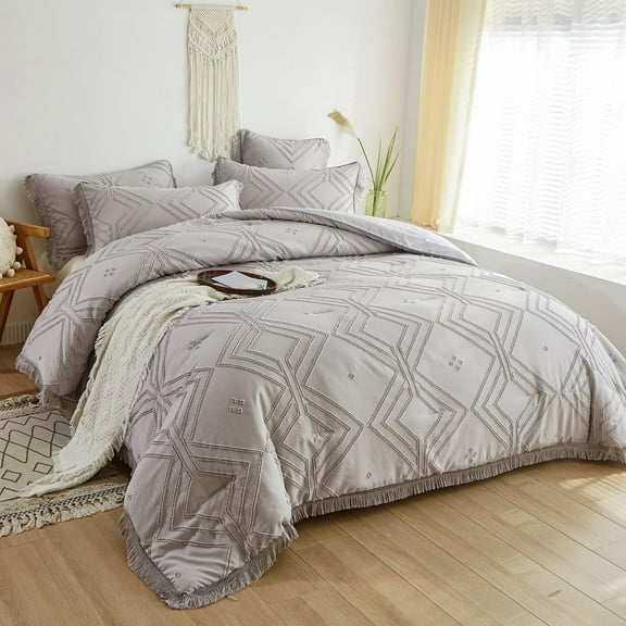 Davulos King Comforter Set 7 Pieces Boho Bed in a Bag with Tassel Geometric Tufted Comforters for Women Teens Fluffy Bed Set Complete Bedding Sets for All Season