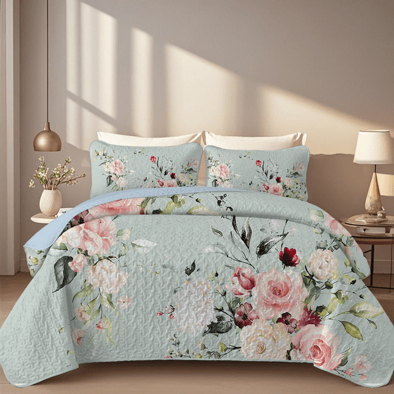 Davulos King Quilt Bedding Set 3-Piece Bedspread Coverlet for Women Adult Reversible Floral Summer Quilt Sets