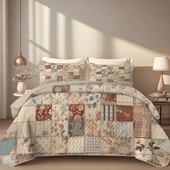 Davulos King Quilt Bedding Set ,Plaid Patchwork Quilt for King Bed 3 Pieces Reversible Microfiber Summer Bedspread Coverlet for All Season,110" x 96"
