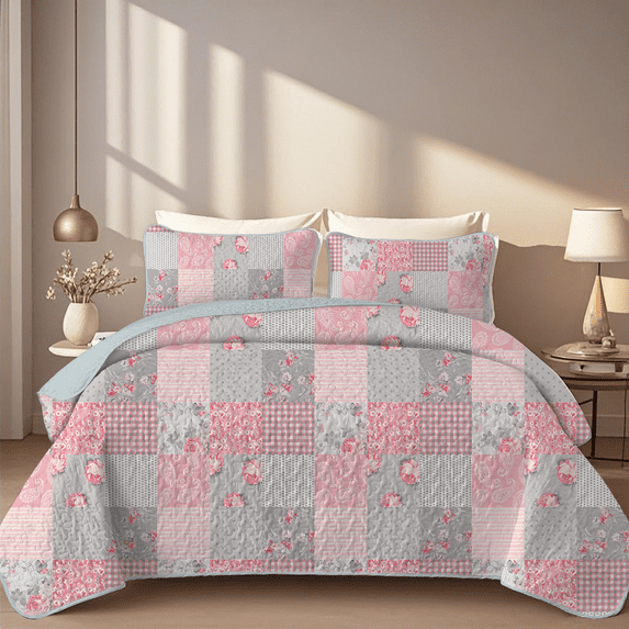 Davulos King Quilt Bedding Set ,Plaid Patchwork Quilt for King Bed 3 Pieces Reversible Microfiber Summer Bedspread Coverlet for All Season,110" x 96"