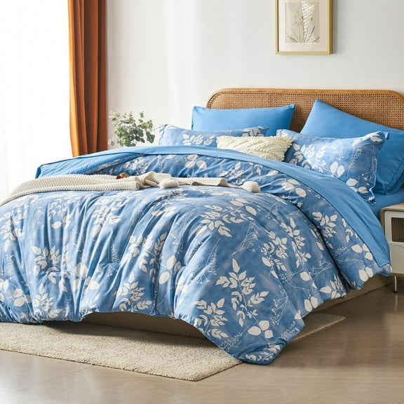 Davulos King Size Comforter Set ,7 Pieces Floral Blue Soft Bedding Sets King Bed in a Bag with Botanical Flowers Comforter, Sheets, Pillowcases & Shams