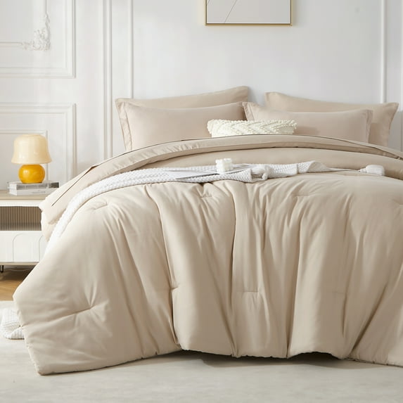 Davulos King Size Comforter Set 7 Pieces ,Khaki Bed in a Bag King , All Season Bedding Set with Comforter, Flat Sheet, Fitted Sheet, Pillowcases & Shams