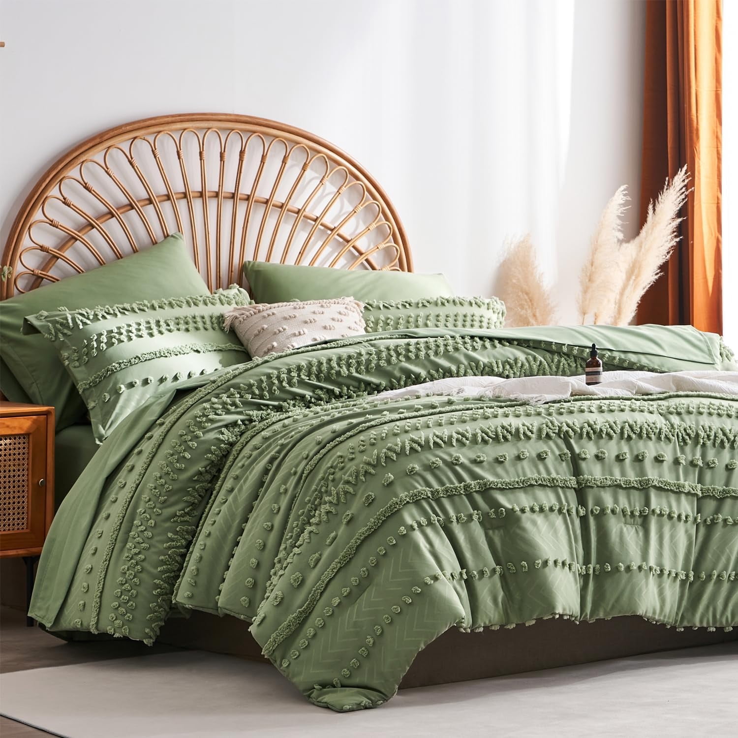 Davulos King Size Comforter Set,7 Pieces Tufted Sage Green Bed in a Bag ...