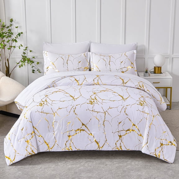Davulos King Size Comforter Set ,Gold Metallic Marble 7 Piece Bed in a Bag King Foil Print Glitter Bedding Sets,White