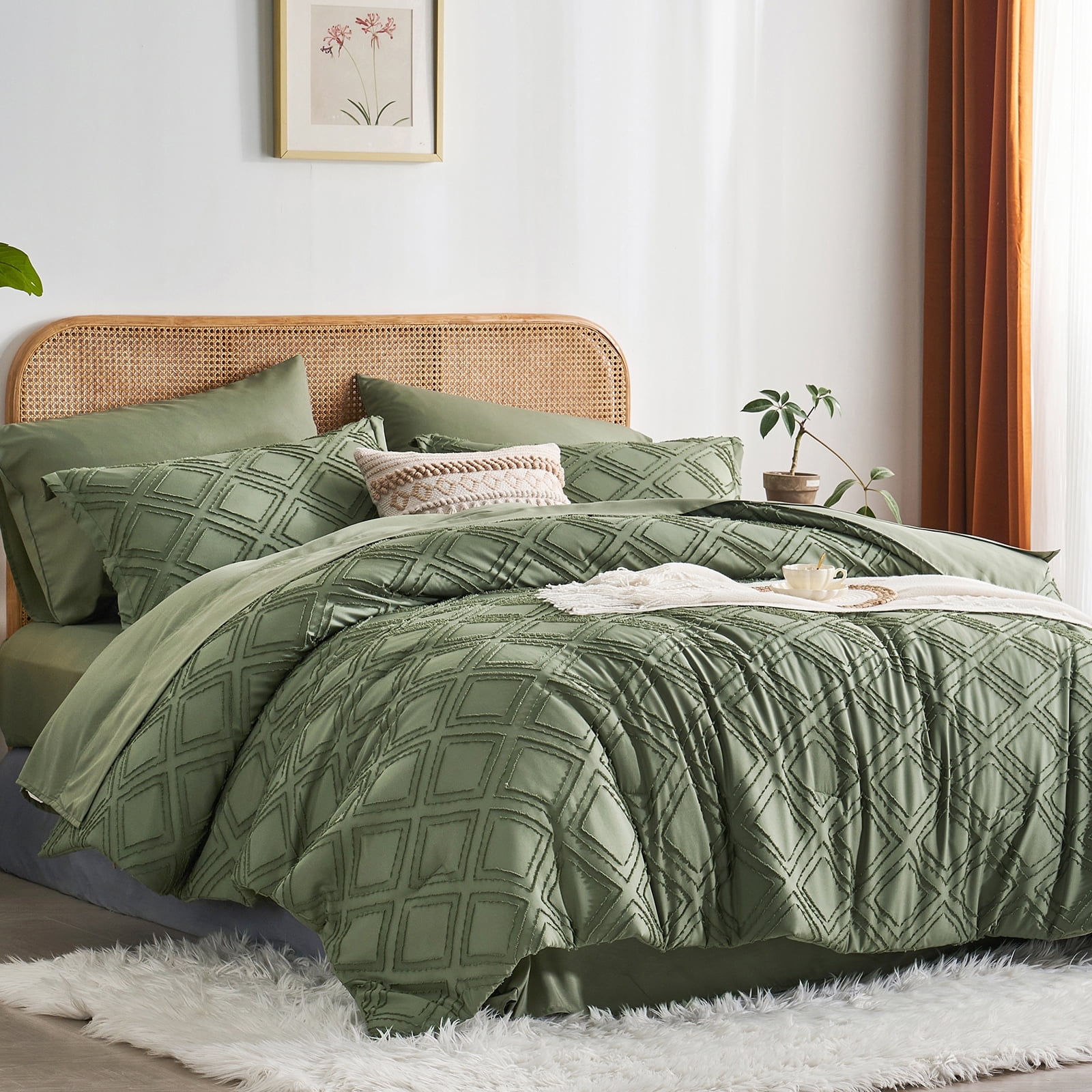 Davulos King Size Comforter Set Olive Green, 7 Pieces Bed in a Bag with ...
