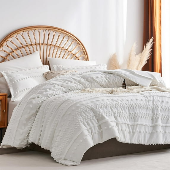 Davulos King Size Comforter Set White,7 Pieces Tufted Bed in a Bag Bohemian Bedding Sets with Comforter,Sheets,Pillowcases & Shams