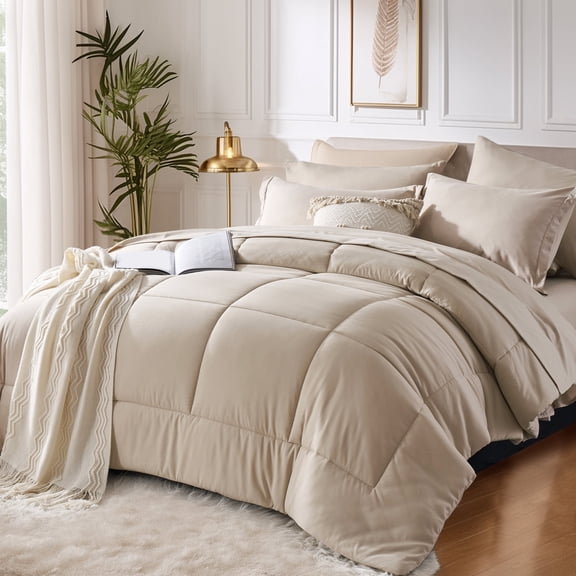 Davulos King Size Comforter Sets Bed in a Bag, 7 Pieces Comfortable Bedding Sets,King Bed Comforter Sets With Sheets,Beige