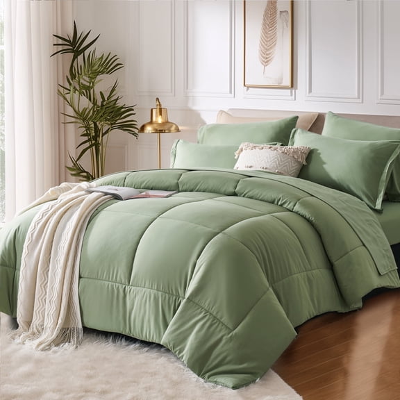Davulos King Size Comforter Sets Bed in a Bag, 7 Pieces Comfortable Bedding Sets,King Bed Comforter Sets With Sheets,Green