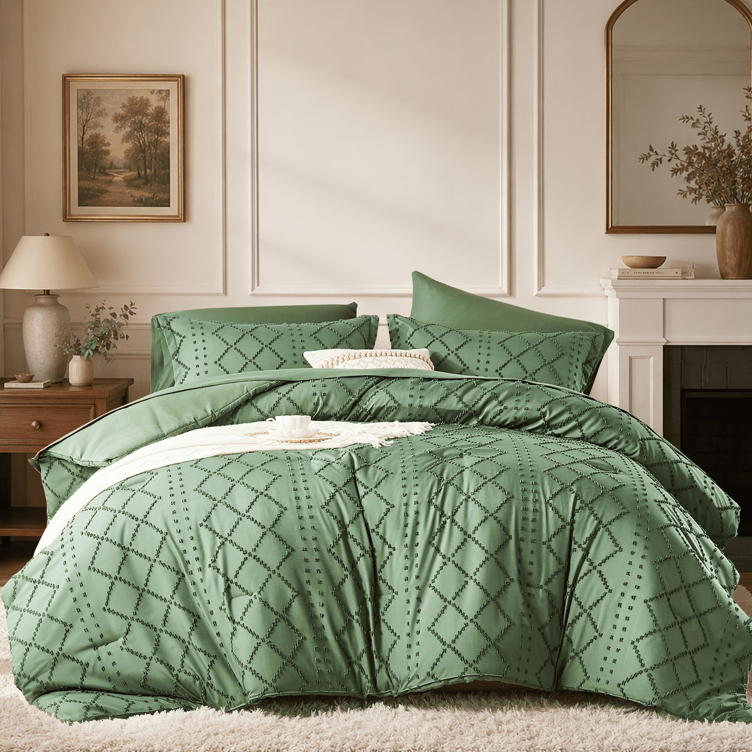Davulos King Size Comforter Sets Dark Green Bed in a Bag 7 Pieces Boho ...