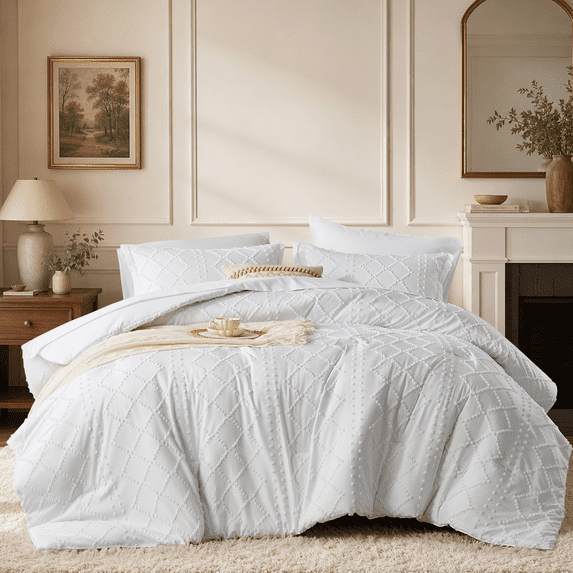 Davulos King Size Comforter Sets, White Bed in a Bag 7 Pieces Boho Tufted Bed Set for All Seasons, Shabby Chic Embroidery Bedding with Comforter, Sheet, Pillowcases & Shams