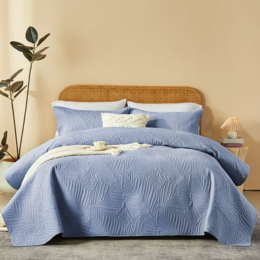 Davulos King Size Quilt Set 3 Pieces,Lightweight Blue Bedspread Coverlet Leaf Pattern Quilts for King Bed Microfiber Bed Cover Set for All Season