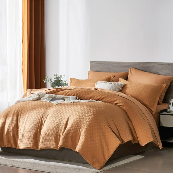 Davulos Orange Comforter Set ,7 Piece Bed in a Bag Queen Size Soft Microfiber Waffle Weave Textured Complete Bedding Set