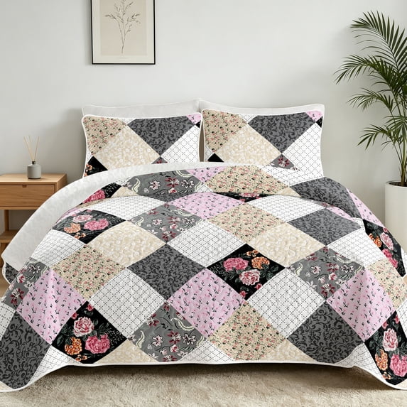 Davulos Patchwork Quilt Set Full/Queen Size, 3 Pieces Pink Gray Floral Plaid Summer Bedspread Coverlet Set, Soft Microfiber Reversible Lightweight Bed Cover for All Season