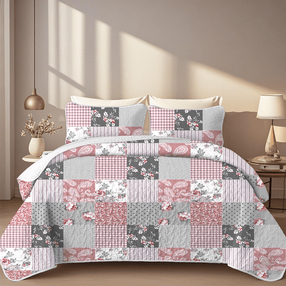 Davulos Patchwork Quilt Set Twin Size,2 Pieces Pink Floral Plaid Design Summer Bedspread Coverlet Set Soft Microfiber Reversible Lightweight Bed Cover for All Season