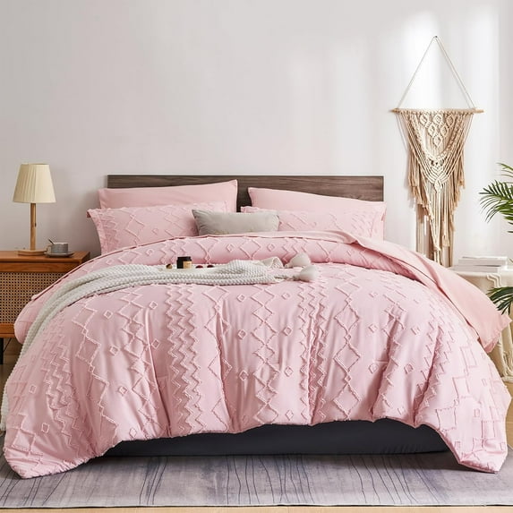 Davulos Pink Queen Comforter Set,7 Piece Bed in a Bag,Boho Tufted Shabby Chic Bedding for Adult Women Soft Microfiber Vintage Farmhouse All Seasons Bed Set