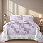 Davulos Plaid Floral Patchwork Quilt Set Queen Size,3 Pieces Soft Microfiber Summer Bedspread Coverlet Bedding Set for All Season