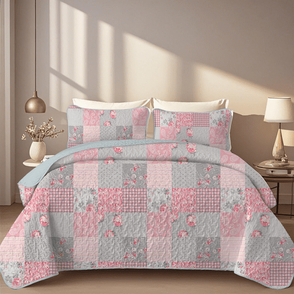 Davulos Plaid Floral Patchwork Quilt Set Queen Size,3 Pieces Soft Microfiber Summer Bedspread Coverlet Bedding Set for All Season