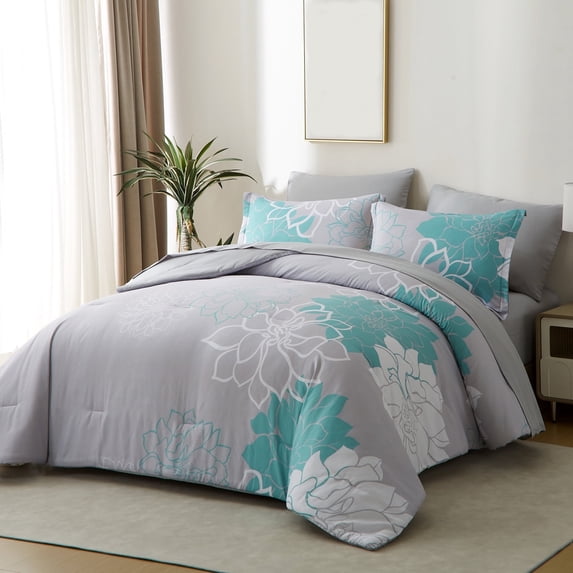 Davulos Queen Comforter Set, 7 Pieces Bed in a Bag Queen, Flowers Printed Complete Bedding Set with Comforter, Flat Sheet, Fitted Sheet, Pillowcases and Pillow Shams