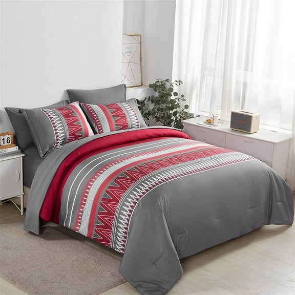 Davulos Queen Comforter Set ,7 Pieces Bed in a Bag Red Grey Stripes Geometric Bedding Set All Season Boho Bed Set for Women Men Teens Bedroom Decorations
