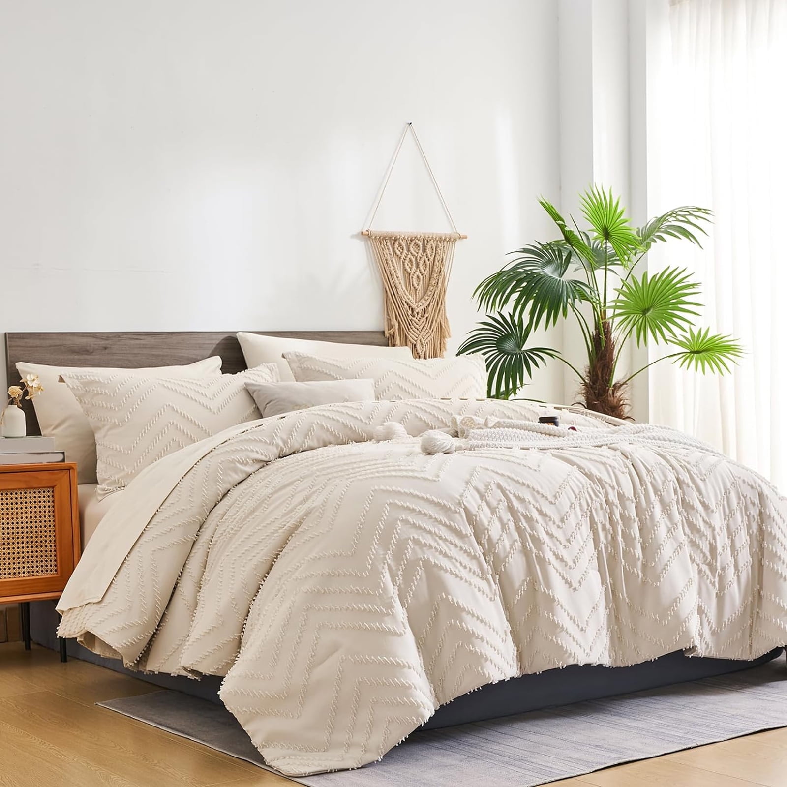Davulos Queen Comforter Set 7 Pieces Beige Boho Bed in a Bag Queen Size ...