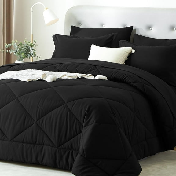 Davulos Queen Comforter Set 7 Pieces,Black Bed in a Bag for Bedroom All Season Bedding Sets with 1 Comforter,2 Pillow Shams,2 Pillowcases,1 Flat Sheet,1 Fitted Sheet