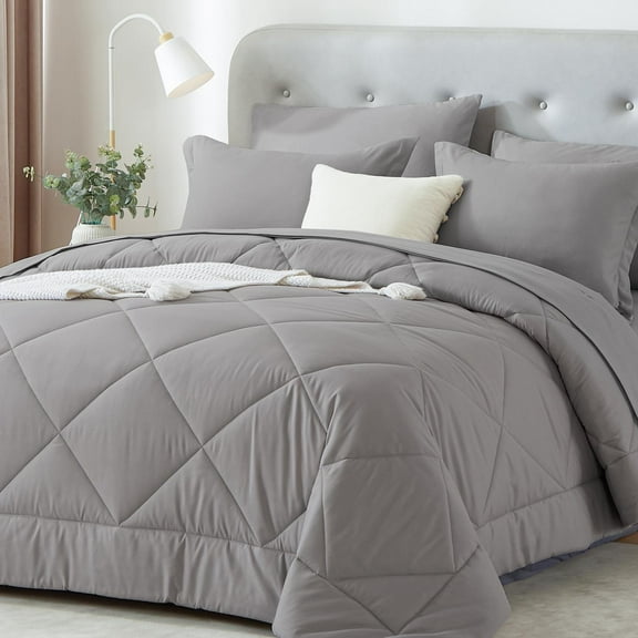 Davulos Queen Comforter Set 7 Pieces,Grey Bed in a Bag for Bedroom All Season Bedding Sets with 1 Comforter,2 Pillow Shams,2 Pillowcases,1 Flat Sheet,1 Fitted Sheet