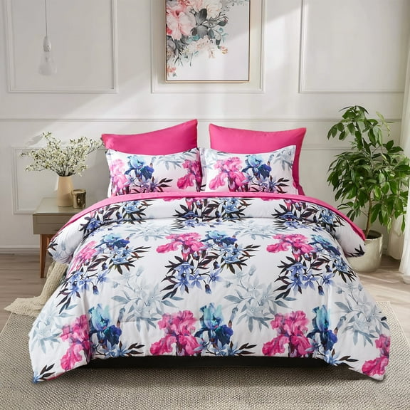 Davulos Queen Comforter Set, 7 Pieces Pink Floral Comforter Set with Sheets for Queen Size Bed, Leaf Pattern Queen Bedding Set, Soft Lightweight Microfiber Bed in a Bag for All Seasons