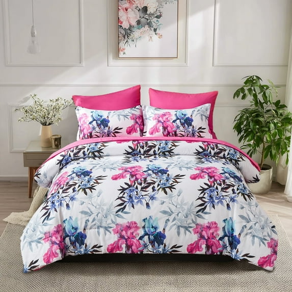 Davulos Queen Comforter Set, 7 Pieces Pink Floral Comforter Set with Sheets for Queen Size Bed, Leaf Pattern Queen Bedding Set, Soft Lightweight Microfiber Bed in a Bag for All Seasons