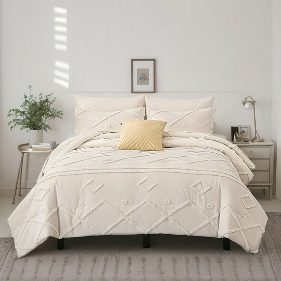 Davulos Queen Comforter Set 7 Pieces ,Tufted Bed in a Bag Queen Shabby Chic Boho Bed Sets All Season ,Bedding Comforter Sets with Fluffy Comforter, Sheets, Pillowcases & Sham