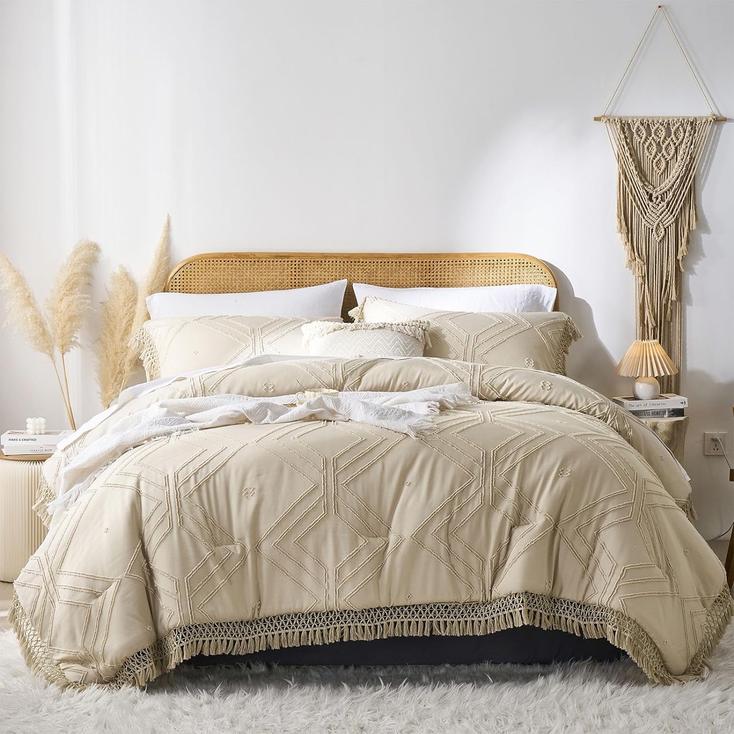Davulos Queen Comforter Set Beige ,7 Pieces Bed in a Bag with Tassel ...